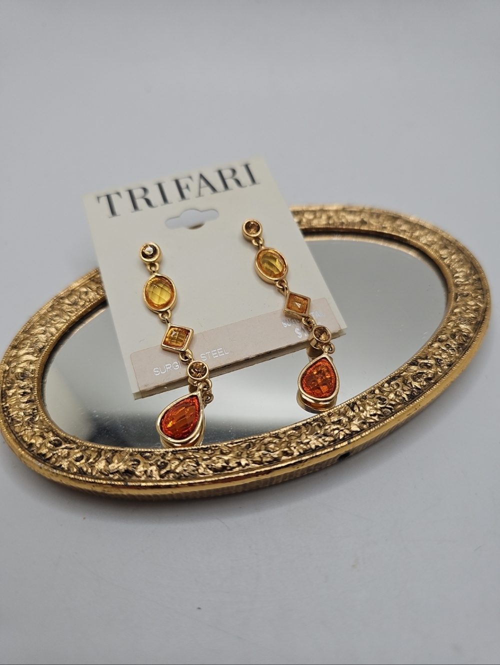 Trifari Goldtone Citrine Crystal Dangle Earrings NOS